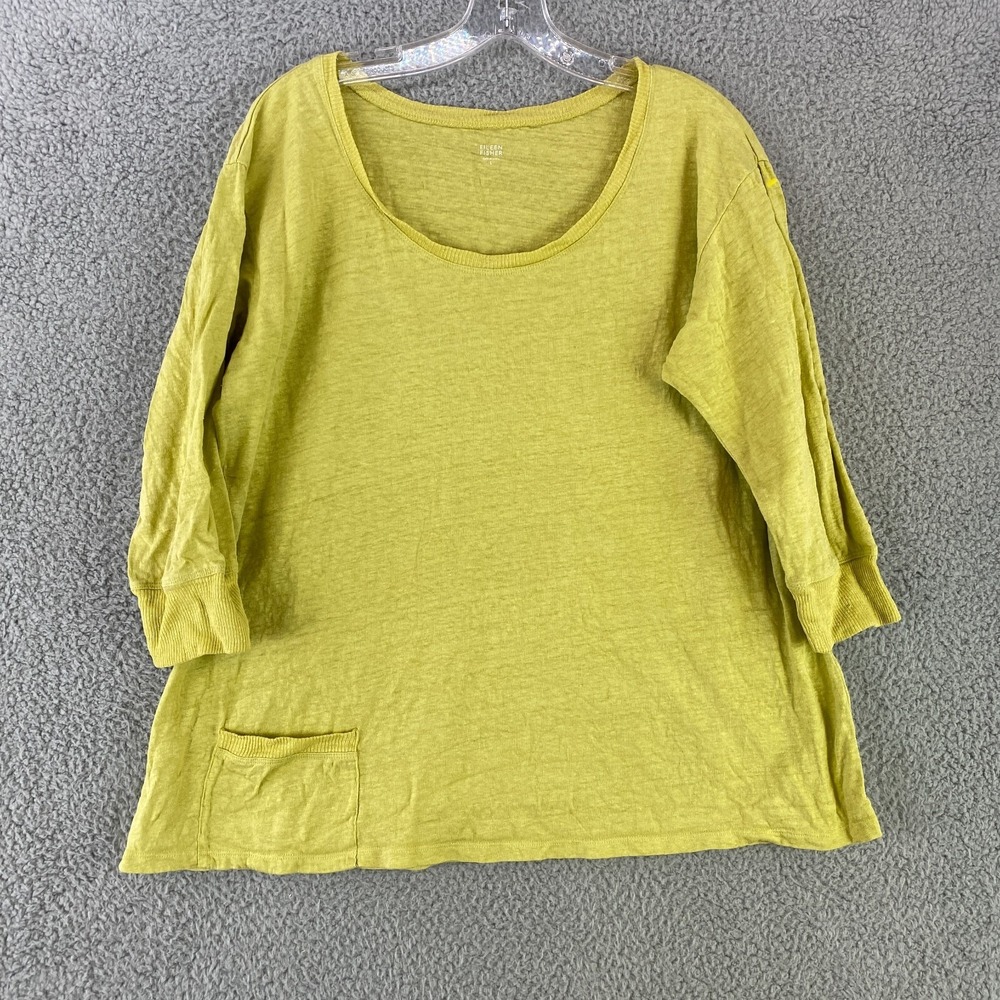 Eileen Fisher Linen Top Women's L Knit  Chartreuse 3/4 Sleeve Pullover Pocket